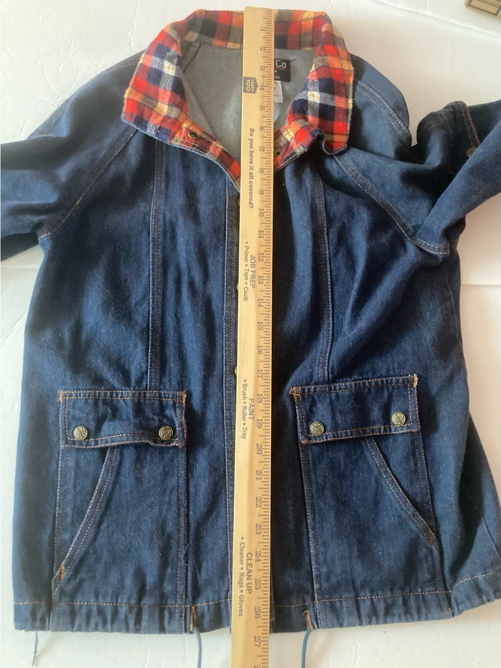 VALLEY CO SZ L Women's Denim Jacket with Red Plaid Collar 100% cotton VINTAGE
